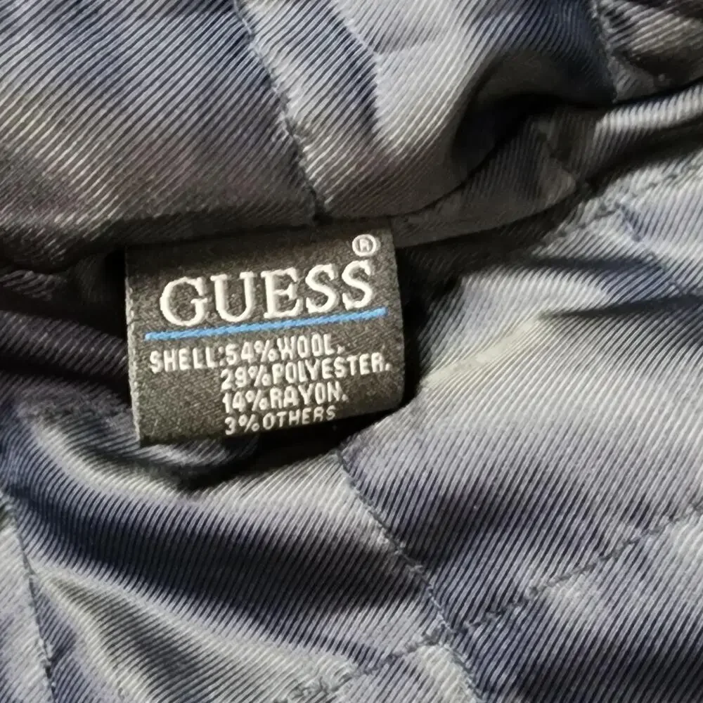 GUESS Pea Coat Mens Medium Black Wool Blend Quilted Double Breasted Winter